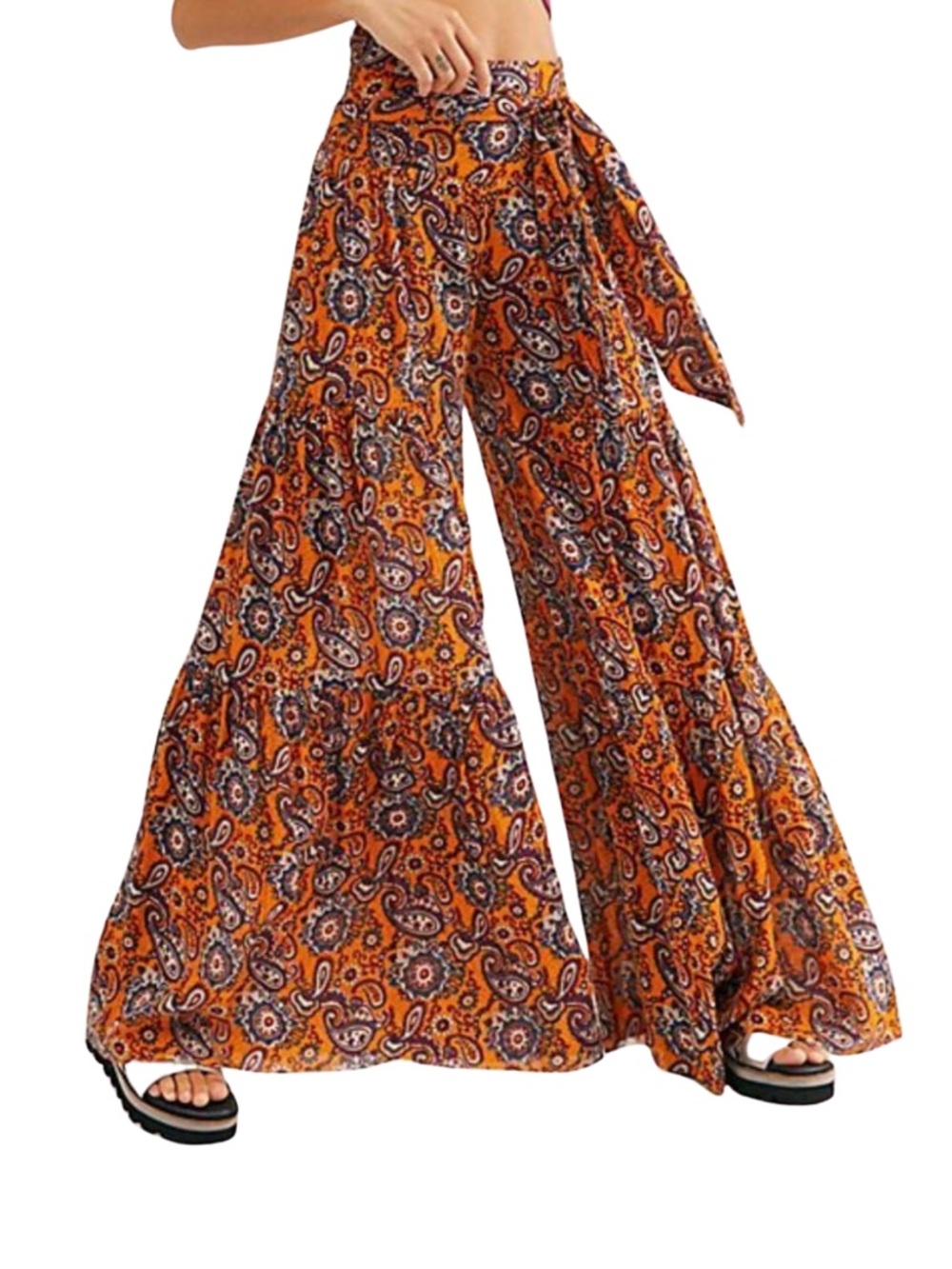 Free People FP One Aloha Wide-Leg Paisley Pants Boho Flare XS Marigold